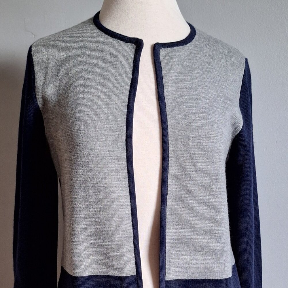 Talbots Color Block Wool Blend Longline Cardigan Navy & Gray Medium Tunic Length